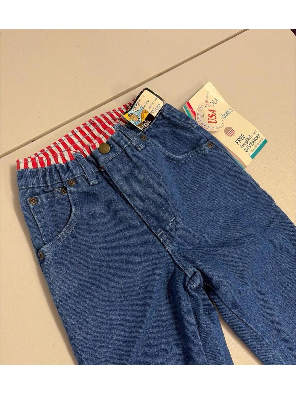 Vintage 1980s Bonjour Kids Jeans NWT Deadstock Red White Stripe Cuff USA Size 6